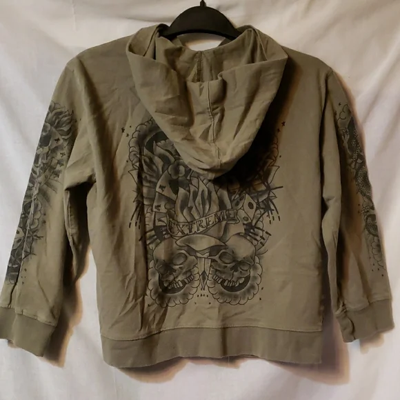 Kids Olive Hoodie with Graphic Sleeves - Picture 2 of 12